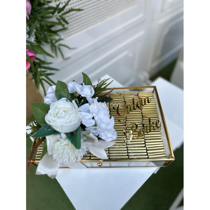 100 adet Söz Nişan Çikolatası Cam Kutulu yapay Çiçekli 