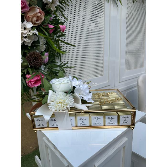 100 adet Söz Nişan Çikolatası Cam Kutulu yapay Çiçekli 