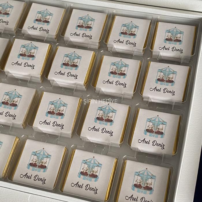 50 adet Mavi Atlı Karınca Temalı İsme Özel Kutulu Çikolata