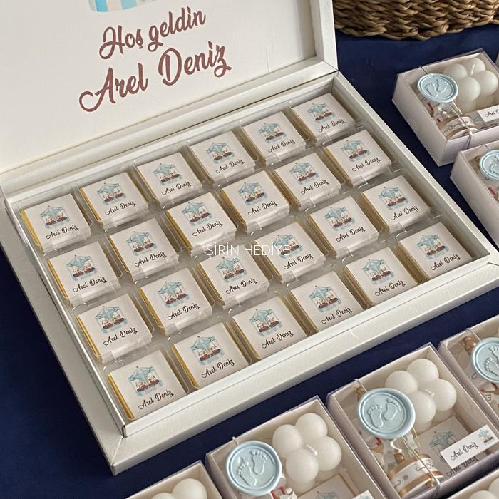 50 adet Mavi Atlı Karınca Temalı İsme Özel Kutulu Çikolata