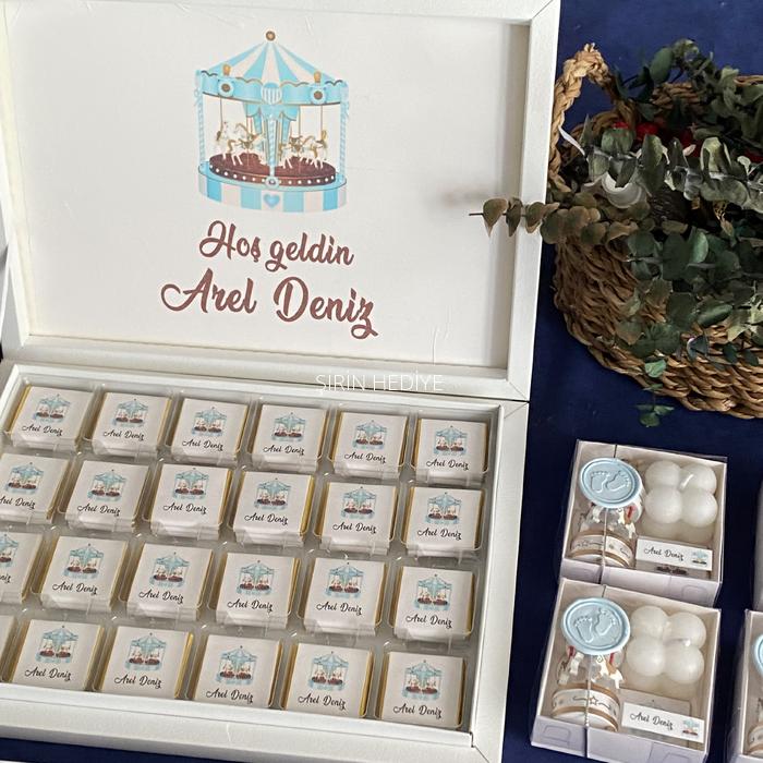 50 adet Mavi Atlı Karınca Temalı İsme Özel Kutulu Çikolata