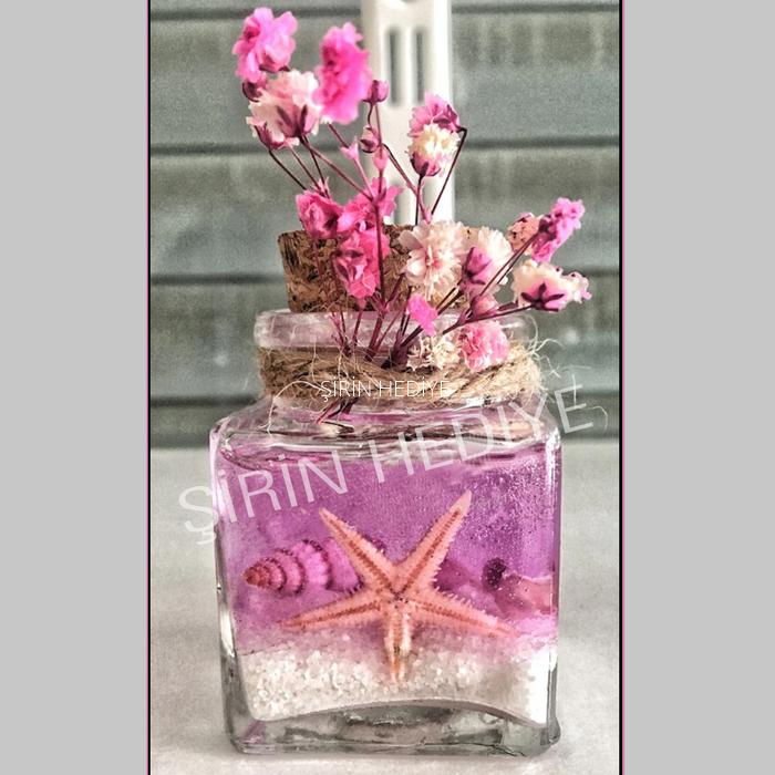 50CC KARE ŞİŞEDE DOĞAL ÇİÇEK DENİZ YILDIZLI MOR JEL MUM HEDİYELİK