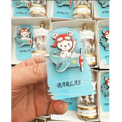 Ahşap Ayıcık Uçak Figürlü Şeffaf Boyalı Pleksi Ve Atlı Karınca Hediye Kutusu