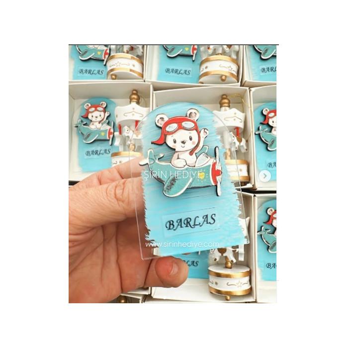 Ahşap Ayıcık Uçak Figürlü Şeffaf Boyalı Pleksi Ve Atlı Karınca Hediye Kutusu