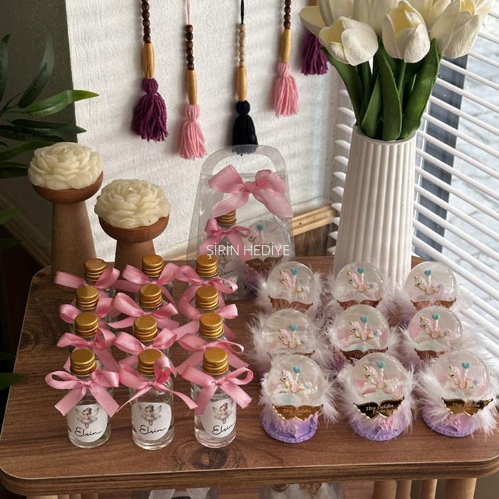 Asetat Çanta Kutu İçinde Kolonya ve Unicorn Kar Küresi Hediyelik 