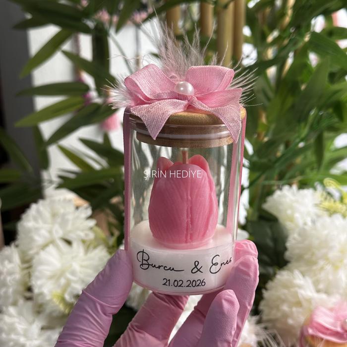 Bambu Kapaklı Cam Kavanoz İçinde Lale Mum Hediyelik