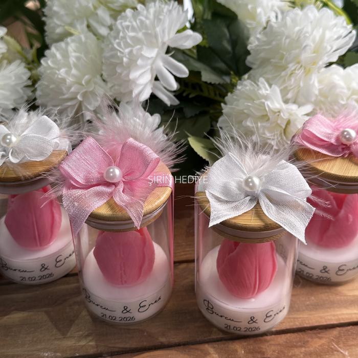 Bambu Kapaklı Cam Kavanoz İçinde Lale Mum Hediyelik