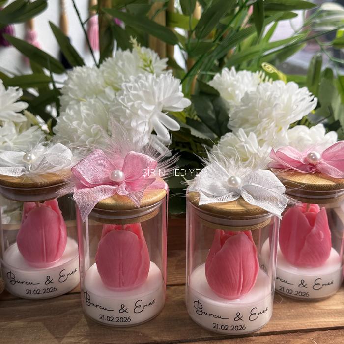 Bambu Kapaklı Cam Kavanoz İçinde Lale Mum Hediyelik