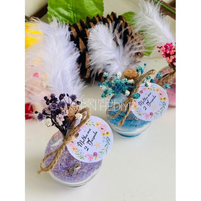 Beyaz Tüylü Balon Şişede Doğal Çiçekli Jel Mum Hediyelikleri