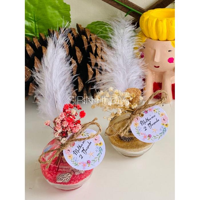 Beyaz Tüylü Balon Şişede Doğal Çiçekli Jel Mum Hediyelikleri