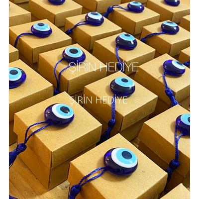 Cam Nazar Boncuklu Lacivert Püsküllü Boş Kraft Kutu 