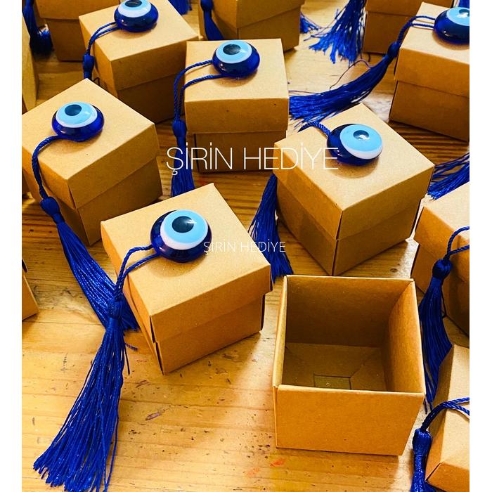 Cam Nazar Boncuklu Lacivert Püsküllü Boş Kraft Kutu 