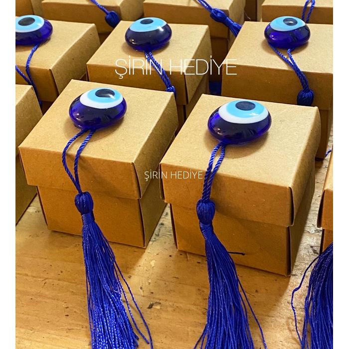 Cam Nazar Boncuklu Lacivert Püsküllü Boş Kraft Kutu 