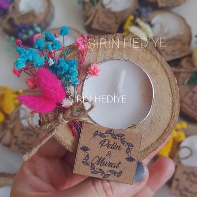 Doğal Çiçekli Kutuda Kütük Mumluk Nikah Nişan Hediyelik