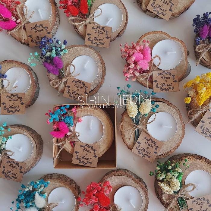 Doğal Çiçekli Kutuda Kütük Mumluk Nikah Nişan Hediyelik