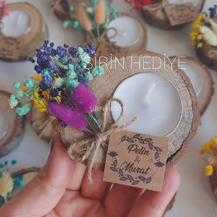 Doğal Çiçekli Kutuda Kütük Mumluk Nikah Nişan Hediyelik