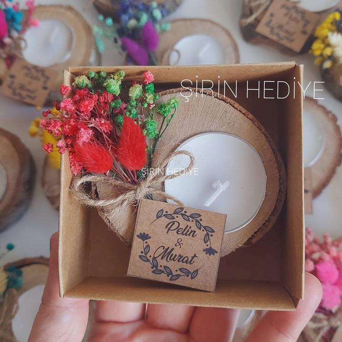 Doğal Çiçekli Kutuda Kütük Mumluk Nikah Nişan Hediyelik