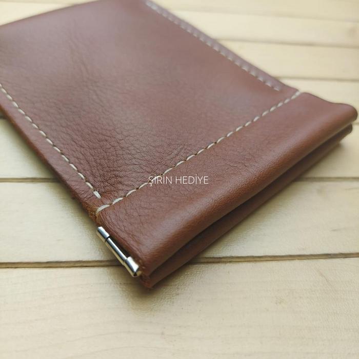 El İşçiliği Hakiki Deri Kahverengi Klipsli Kartlık Para Cüzdanı