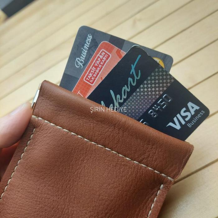 El İşçiliği Hakiki Deri Kahverengi Klipsli Kartlık Para Cüzdanı