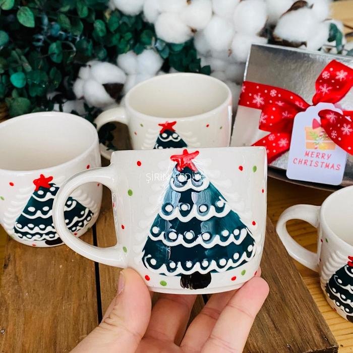 El Yapımı Çam Ağacı Seramik Kupa Bardak Yeni Yıl Hediyelikleri