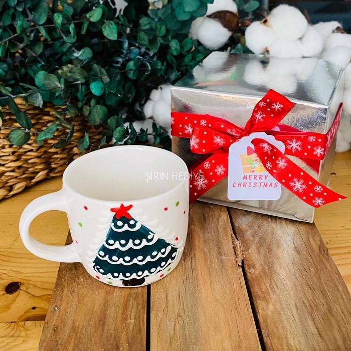 El Yapımı Çam Ağacı Seramik Kupa Bardak Yeni Yıl Hediyelikleri