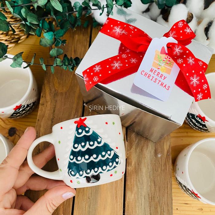 El Yapımı Çam Ağacı Seramik Kupa Bardak Yeni Yıl Hediyelikleri