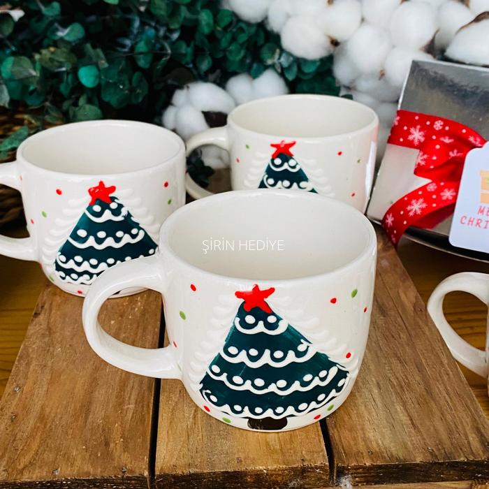El Yapımı Çam Ağacı Seramik Kupa Bardak Yeni Yıl Hediyelikleri