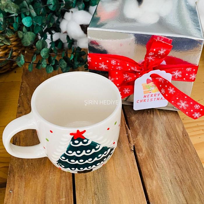 El Yapımı Çam Ağacı Seramik Kupa Bardak Yeni Yıl Hediyelikleri