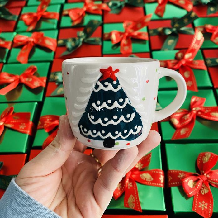 El Yapımı Çam Ağacı Seramik Kupa Bardak Yeni Yıl Hediyelikleri