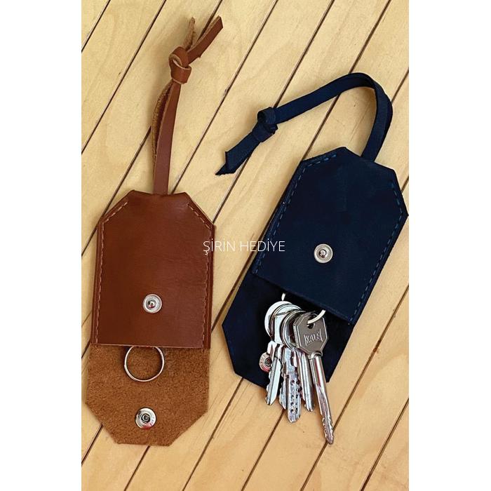 El Yapımı Hakiki Deri Anahtarlık-Lacivert 