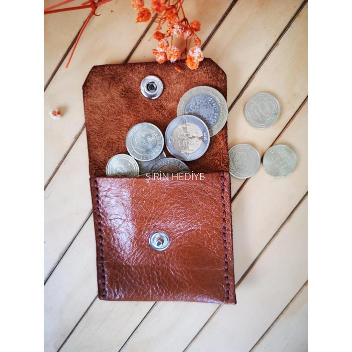 El yapımı Orjinal Deri  Bozuk Para Cüzdanı- Kahverengi