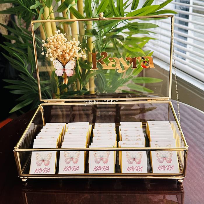 Gold Cam Kutuda Kelebek Konsept İsme Özel Çikolata Kutusu 60adet