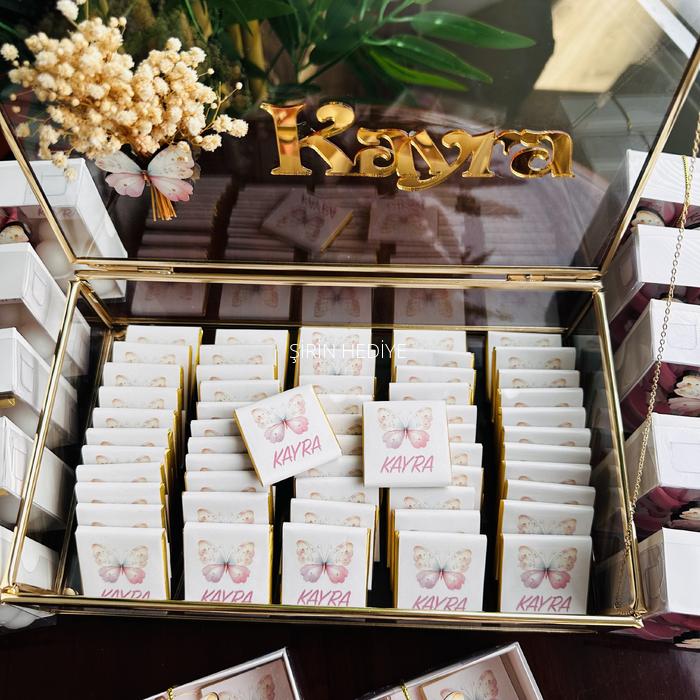 Gold Cam Kutuda Kelebek Konsept İsme Özel Çikolata Kutusu 60adet