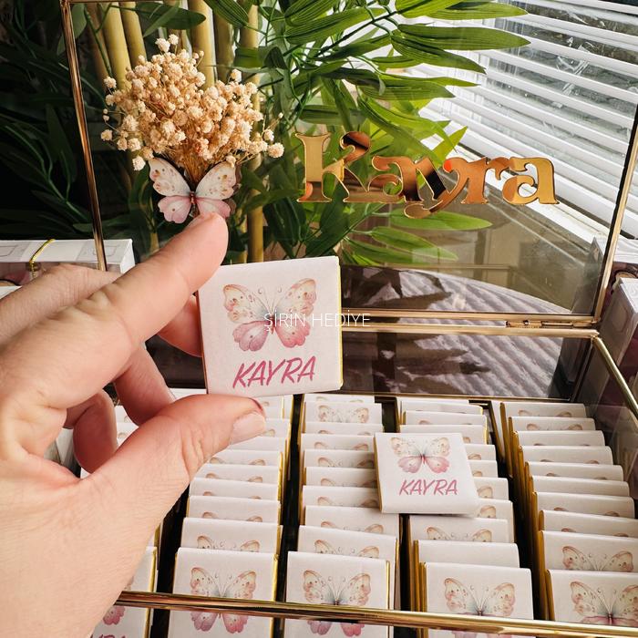 Gold Cam Kutuda Kelebek Konsept İsme Özel Çikolata Kutusu 60adet