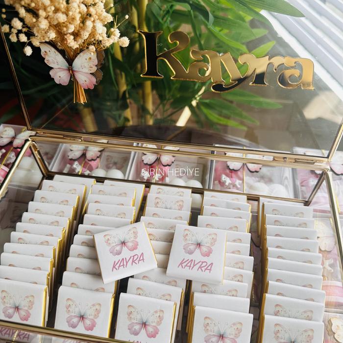 Gold Cam Kutuda Kelebek Konsept İsme Özel Çikolata Kutusu 60adet