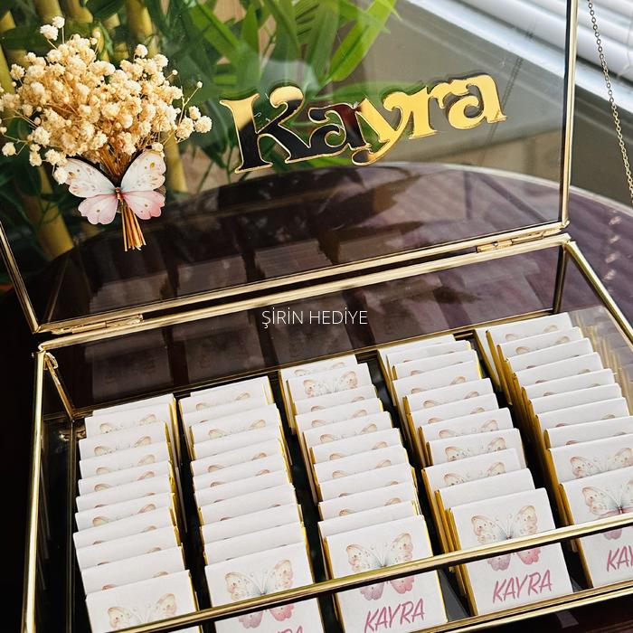 Gold Cam Kutuda Kelebek Konsept İsme Özel Çikolata Kutusu 60adet