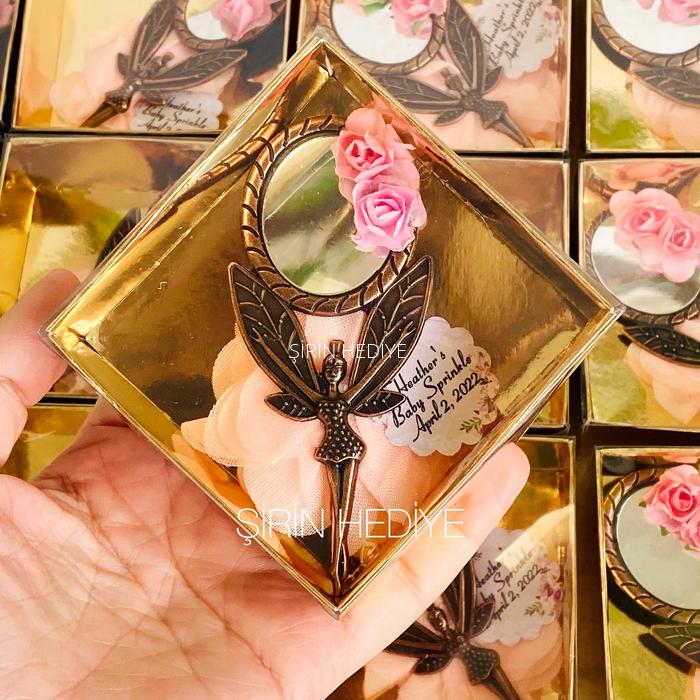 Gold Kutuda Çiçekli Peri El AynasI Hediyelikleri