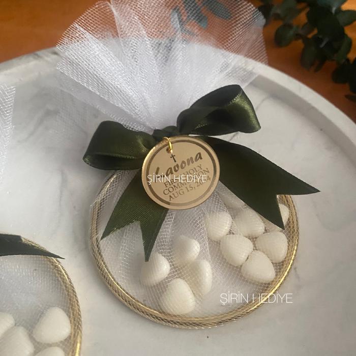 Gold Metal Halka Pleksi Üzerine Yazı Kalp Şekerli Dağıtmalık Hediyelik