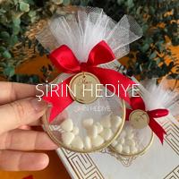 Gold Metal Halka Pleksi Üzerine Yazı Kalp Şekerli Dağıtmalık Hediyelik