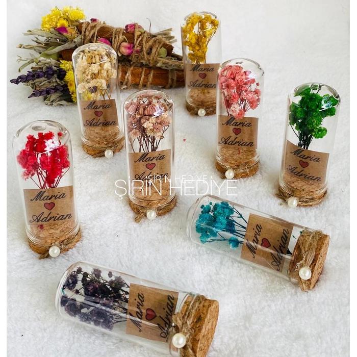 İncili Fanus Şişede Doğal Çiçek 