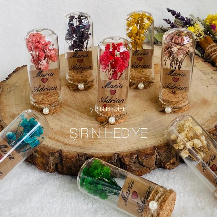 İncili Fanus Şişede Doğal Çiçek 