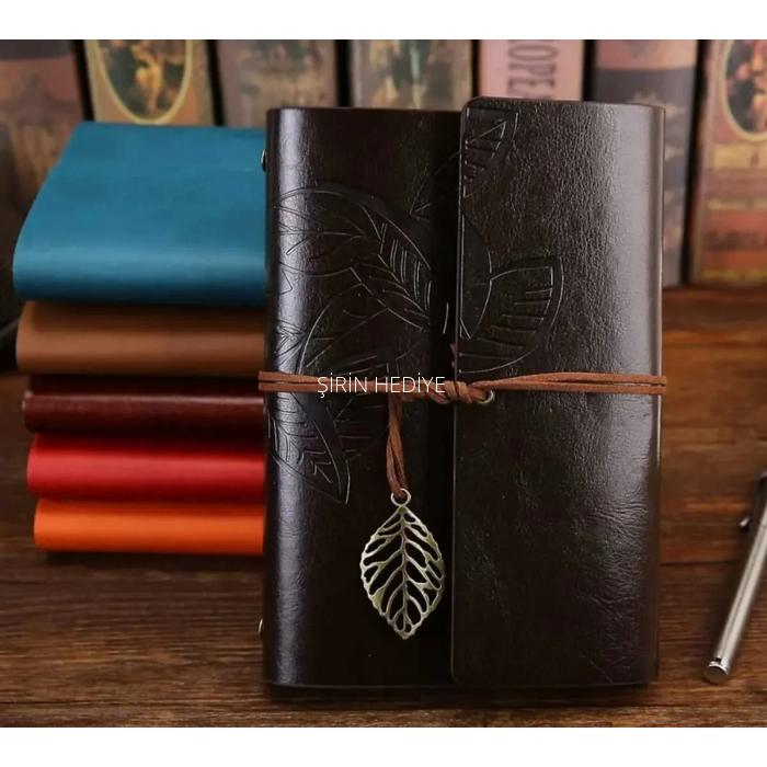 İsme Özel Deri Kapaklı Vintage Hatıra Defteri ve Kalem Seti -Kırmızı