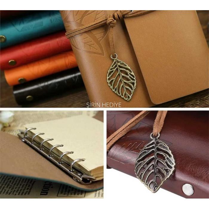 İsme Özel Deri Kapaklı Vintage Hatıra Defteri ve Kalem Seti -Kırmızı