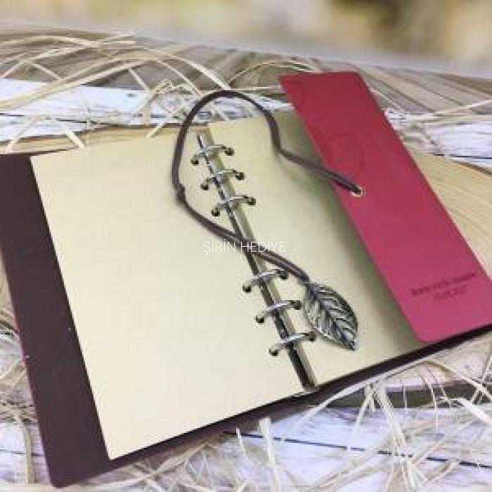 İsme Özel Deri Kapaklı Vintage Hatıra Defteri ve Kalem Seti -Kırmızı