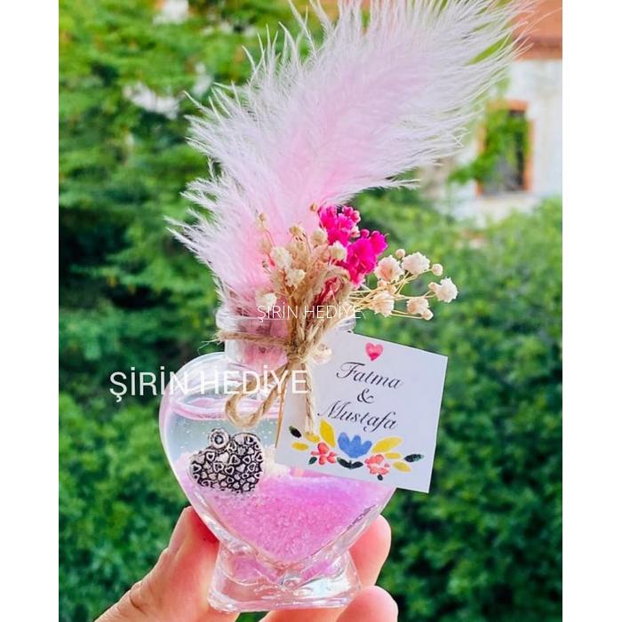 Kalp Cam Şişede Tüylü Doğal Çiçekli Nikah Nişan Söz Hediyelikleri