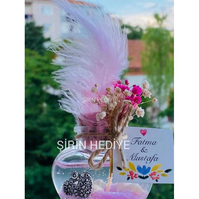 Kalp Cam Şişede Tüylü Doğal Çiçekli Nikah Nişan Söz Hediyelikleri