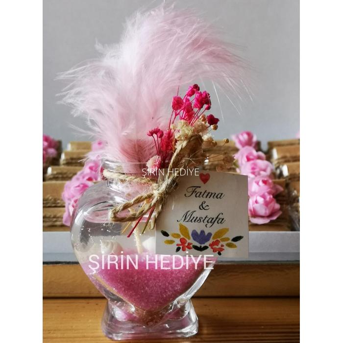 Kalp Cam Şişede Tüylü Doğal Çiçekli Nikah Nişan Söz Hediyelikleri