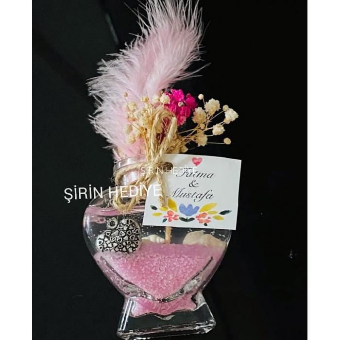 Kalp Cam Şişede Tüylü Doğal Çiçekli Nikah Nişan Söz Hediyelikleri