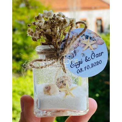 Kare Şişede Doğal Çiçekli Deniz Yıldızlı Nikah Nişan Söz Hediyelikleri