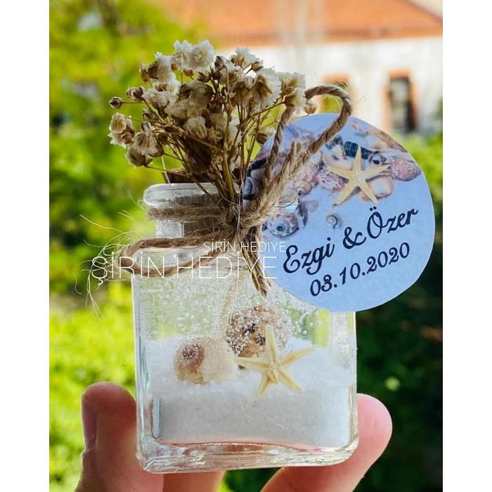 Kare Şişede Doğal Çiçekli Deniz Yıldızlı Nikah Nişan Söz Hediyelikleri